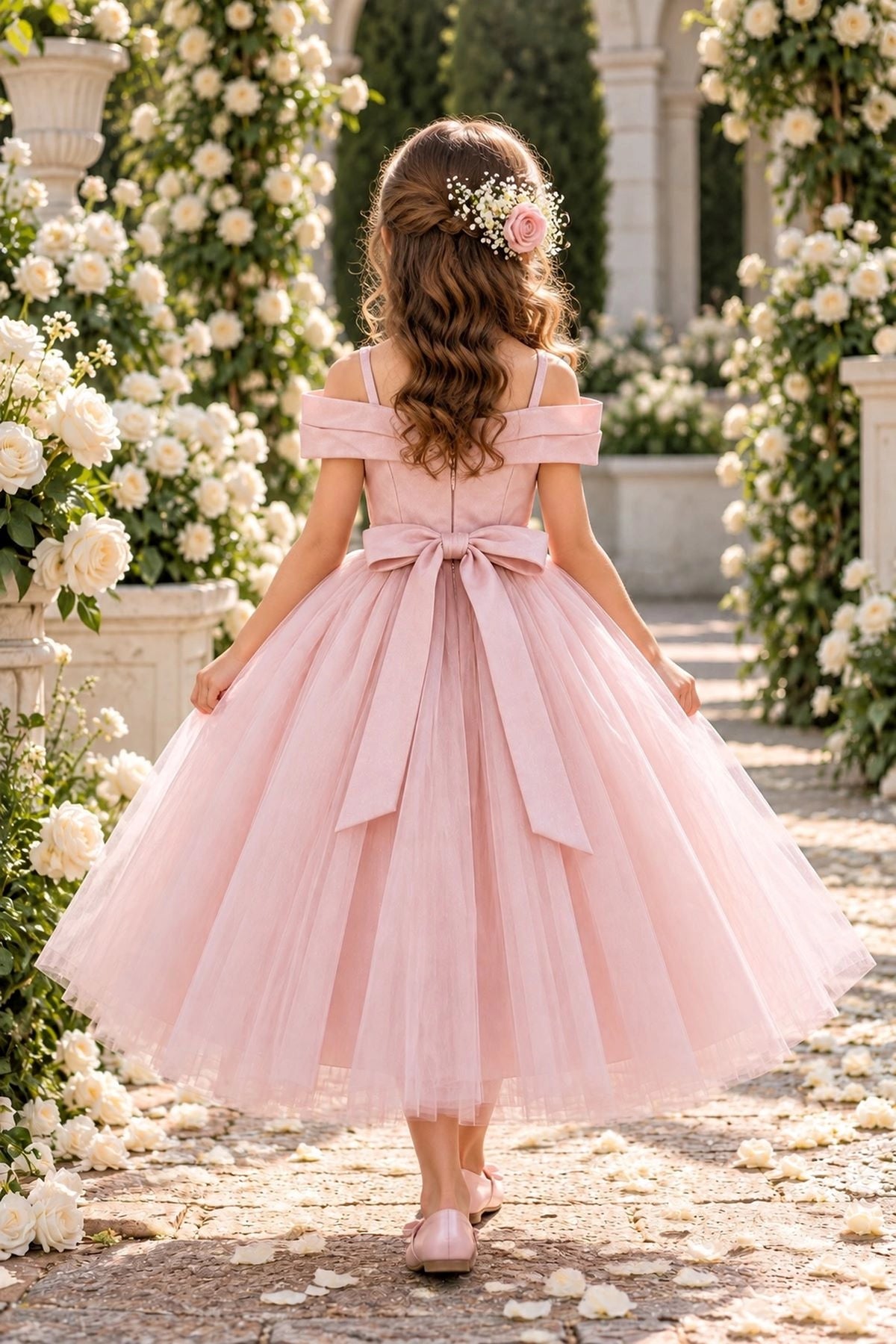 Tied at the back, the Blush kids dress features a large bow.