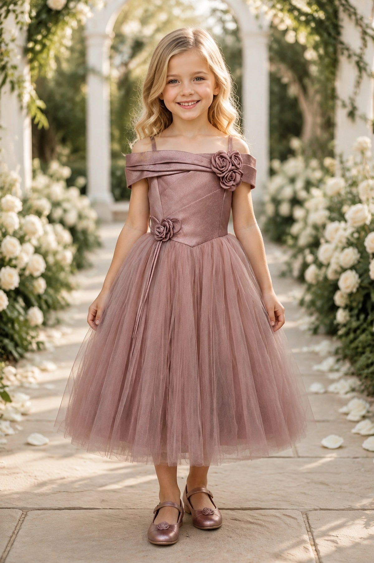 Showcasing rosette accents along the bodice, this Dusty Rose kids dress has a full skirt.