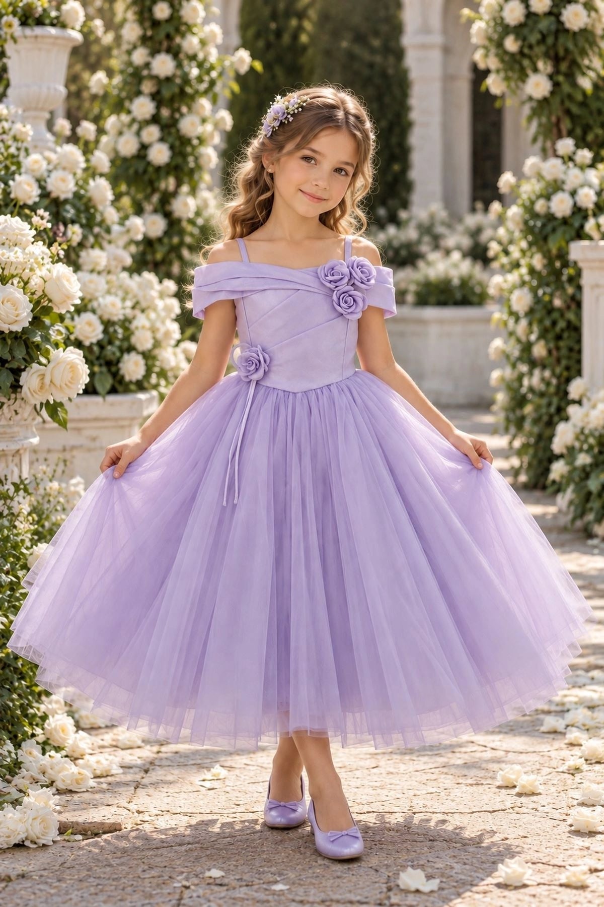 Showcasing rosette accents along the bodice, this Lilac kids dress has a full skirt.