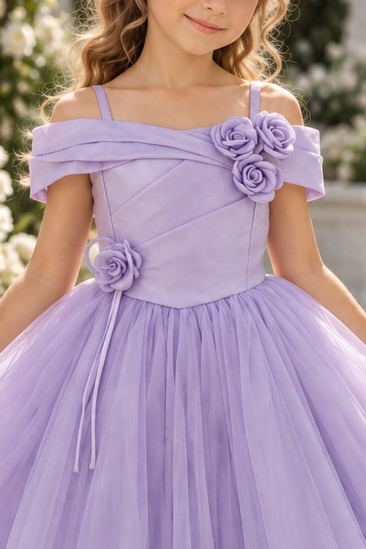Detailed a folded off-shoulder neckline complements the Lilac kids dress.