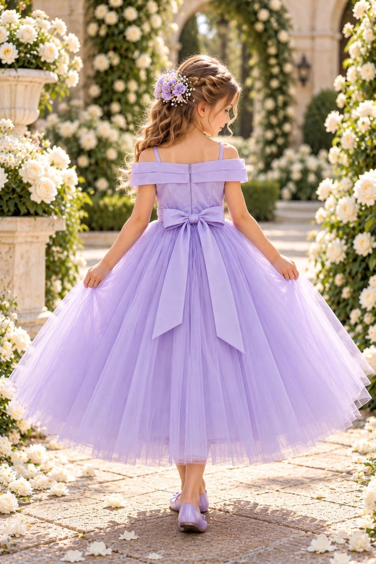 Tied at the back, the Lilac kids dress features a large bow.