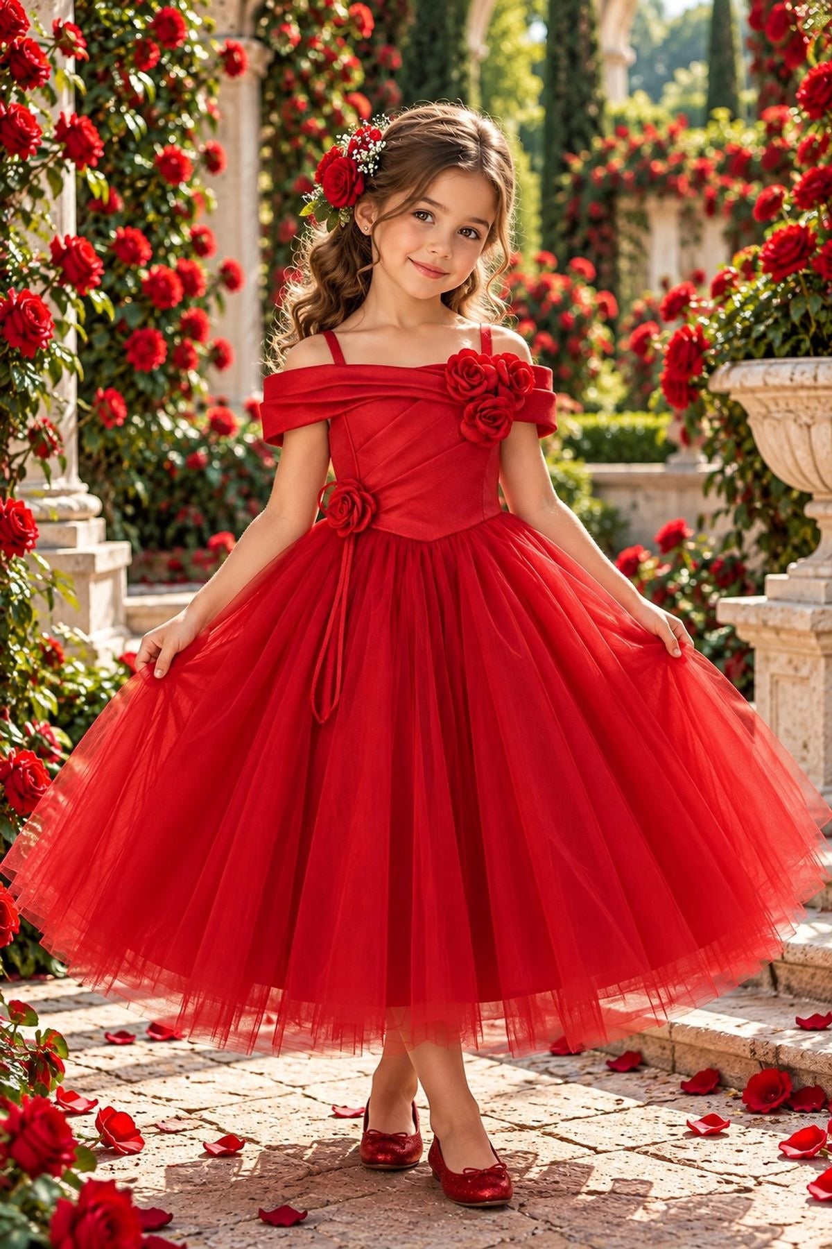 Showcasing rosette accents along the bodice, this Red kids dress has a full skirt.