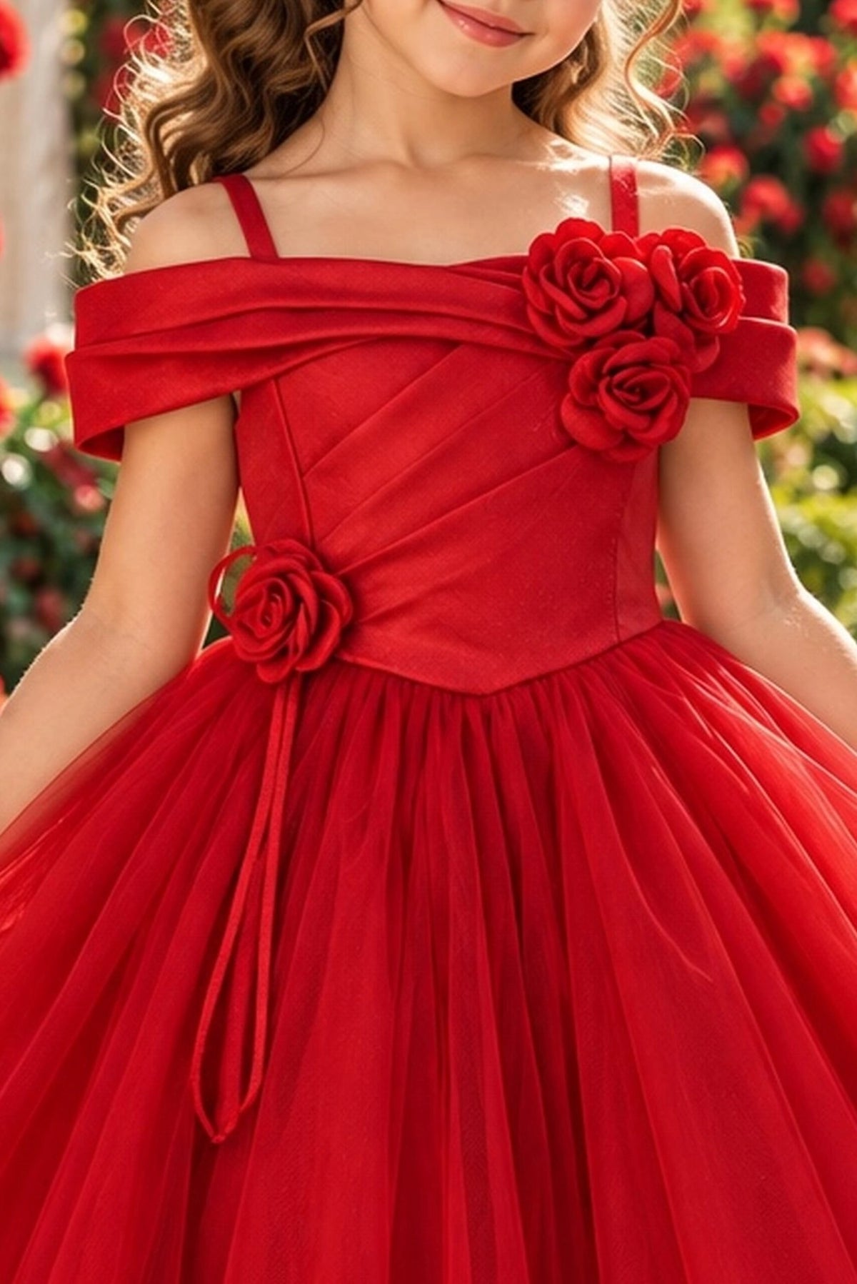 Detailed a folded off-shoulder neckline complements the Red kids dress.