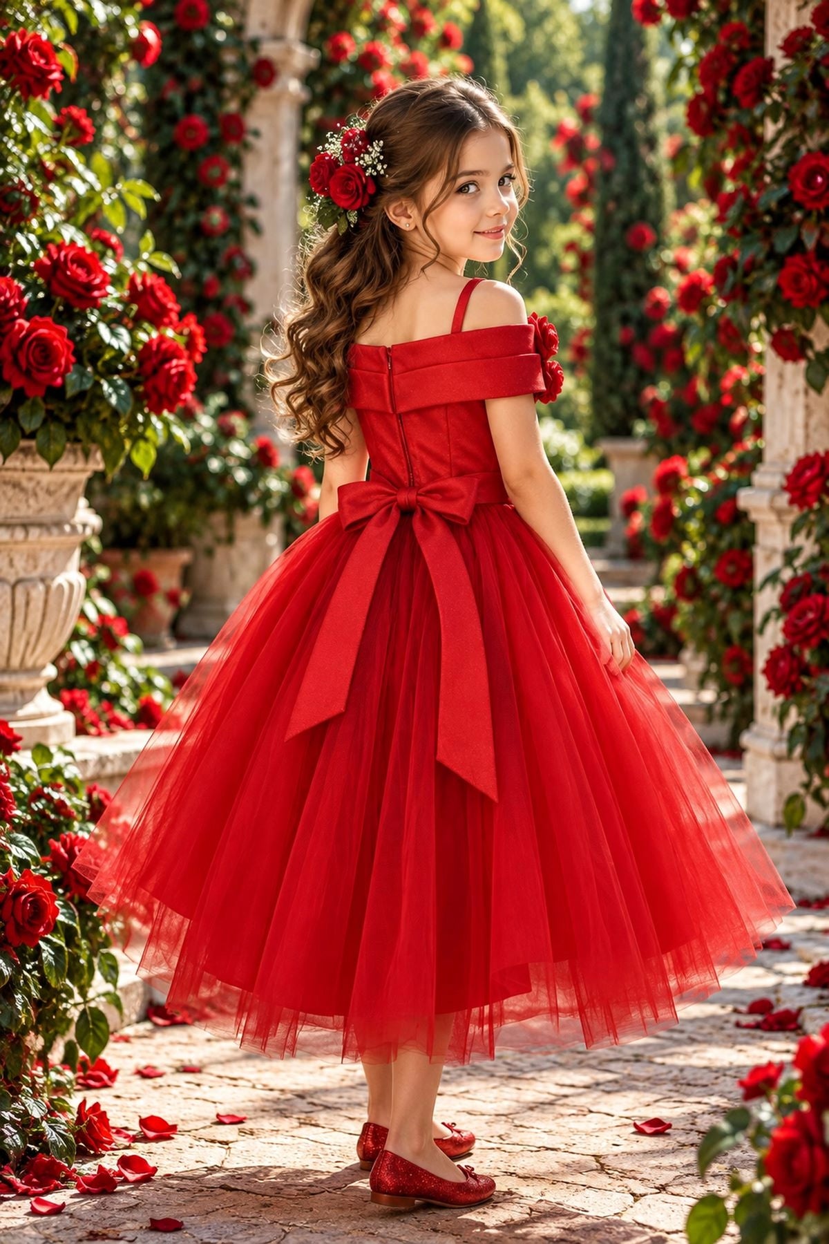 Tied at the back, the Red kids dress features a large bow.