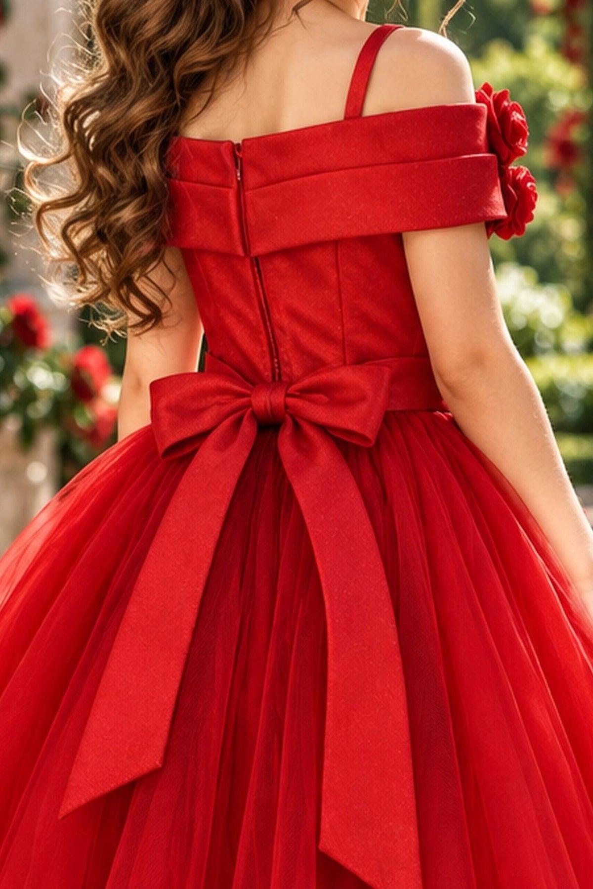 Finished with a back bow, this Red kids dress shows its rear construction.