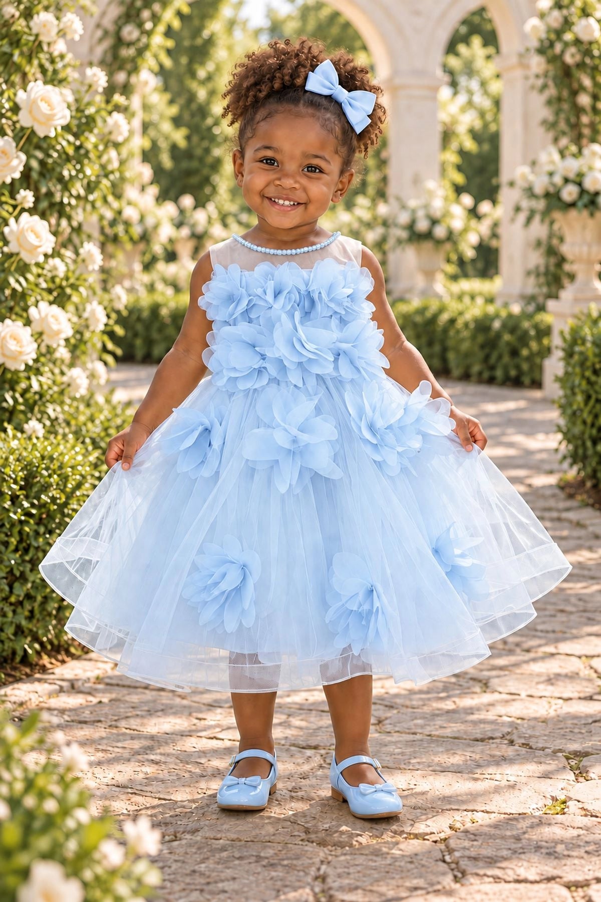 Showcasing large layered flower appliques, this Blue kids dress has a full skirt.