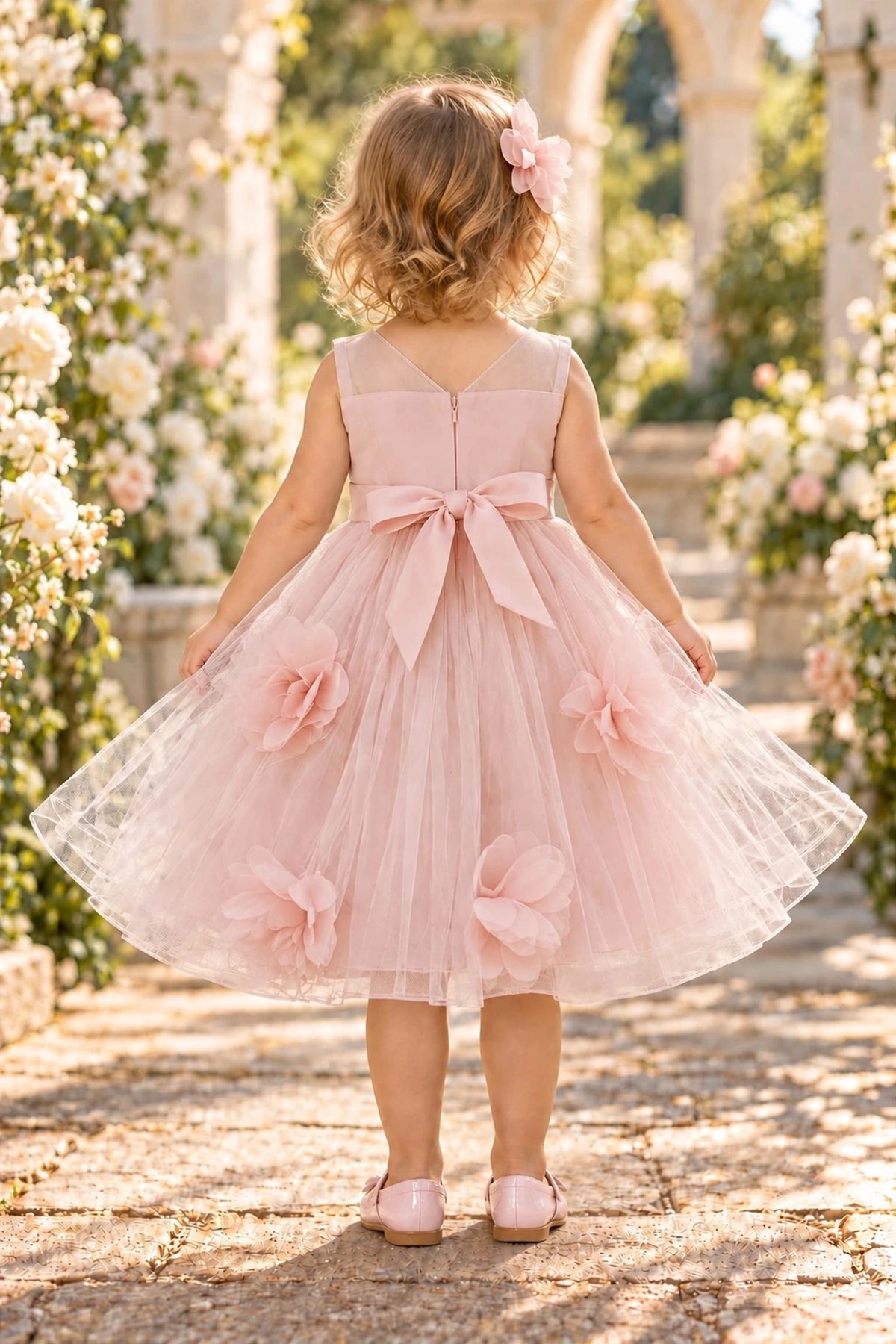 Tied at the back, the Blush kids dress features a large bow.