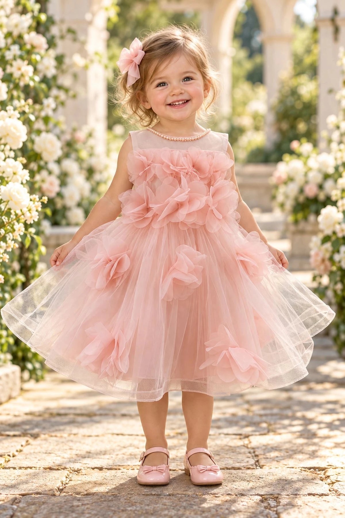 Showcasing large layered flower appliques, this Blush kids dress has a full skirt.
