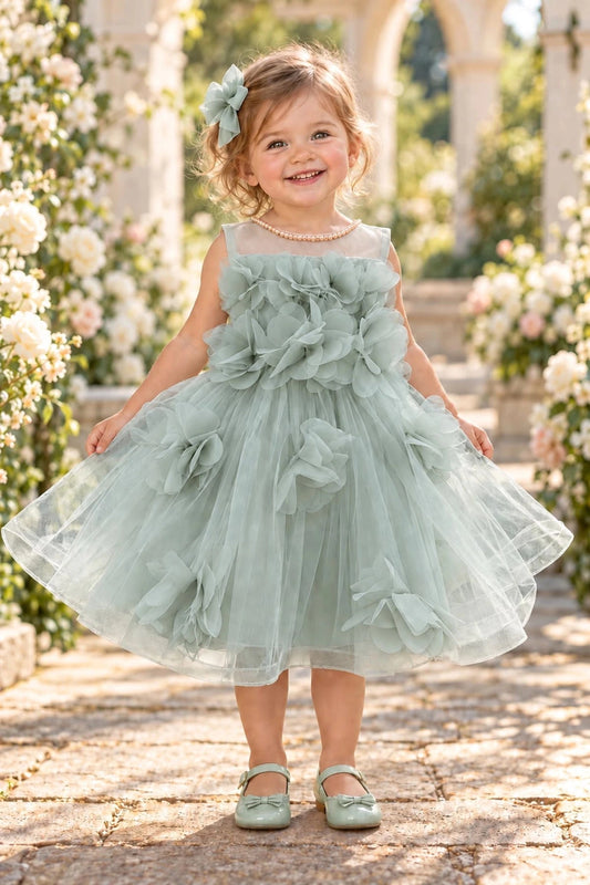 Showcasing large layered flower appliques, this Sage kids dress has a full skirt.