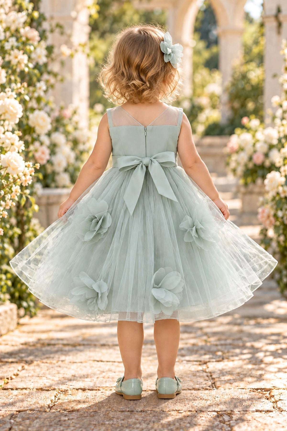 Tied at the back, the Sage kids dress features a large bow.
