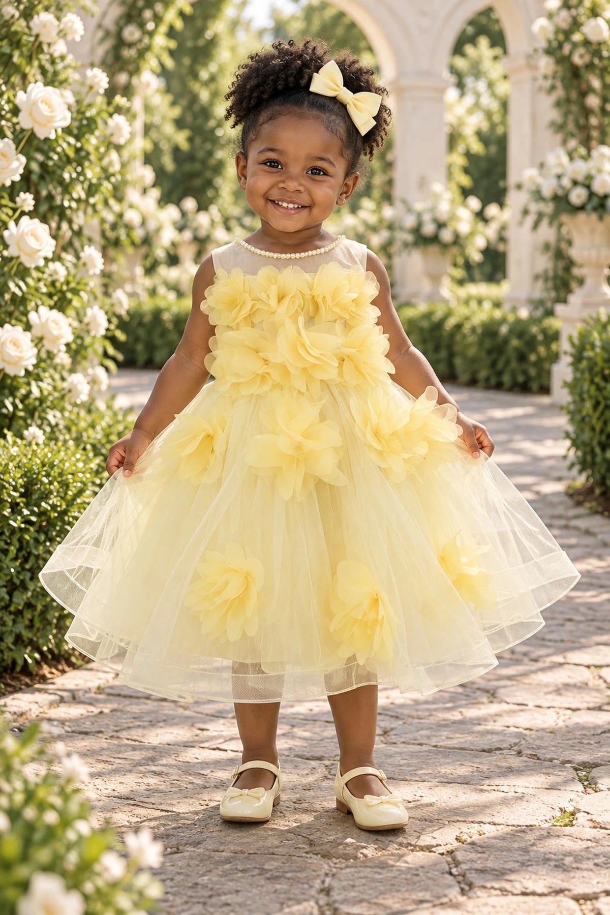 Showcasing large layered flower appliques, this Yellow kids dress has a full skirt.