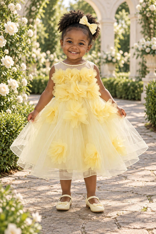Showcasing large layered flower appliques, this Yellow kids dress has a full skirt.