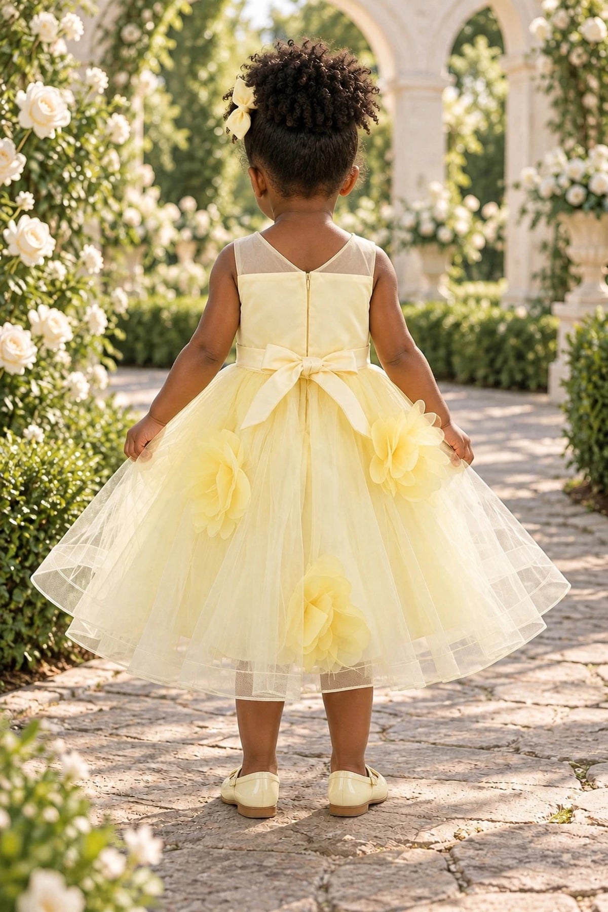 Tied at the back, the Yellow kids dress features a large bow.