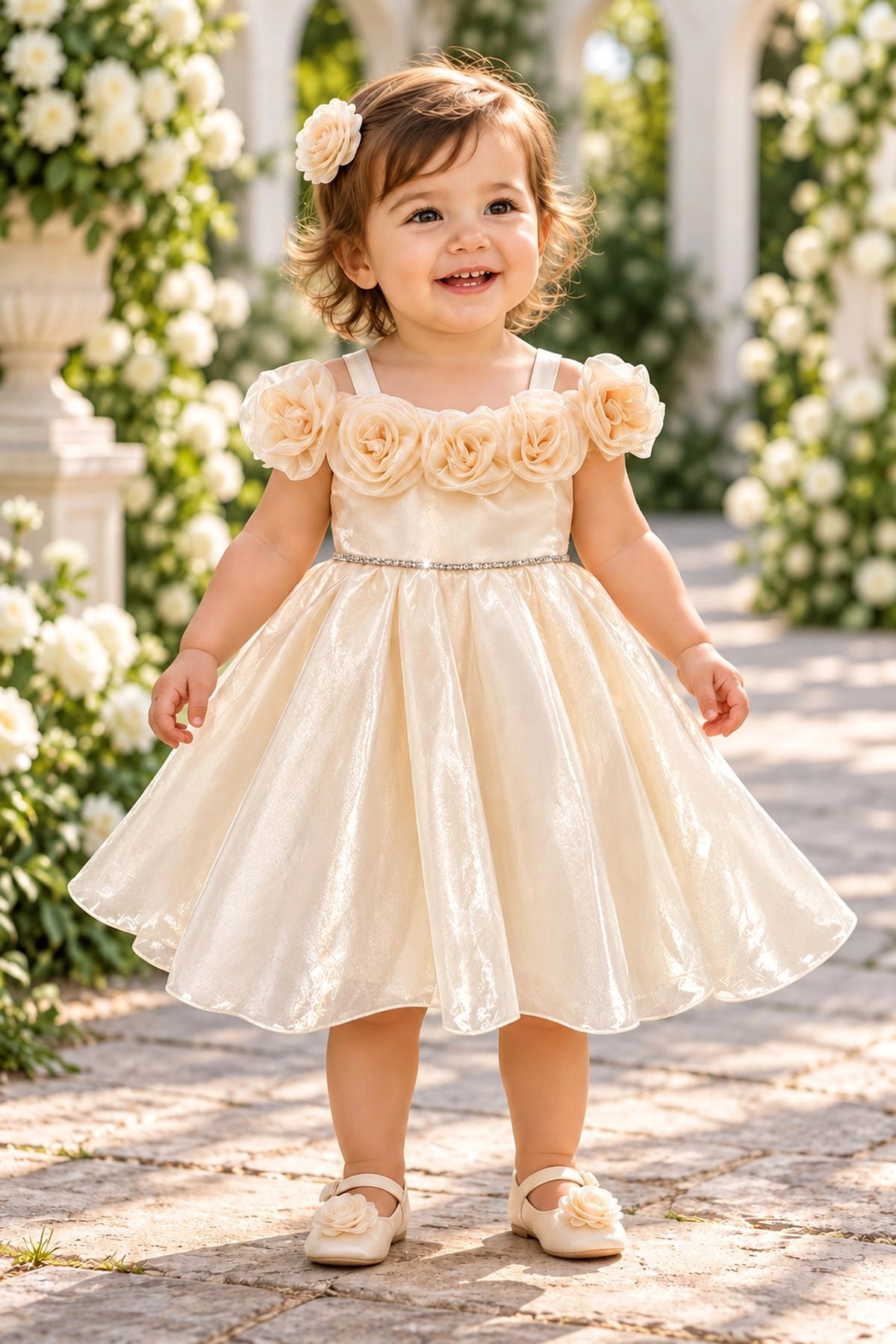 Showcasing rosettes framing the neckline, this Champagne kids dress has a full skirt.