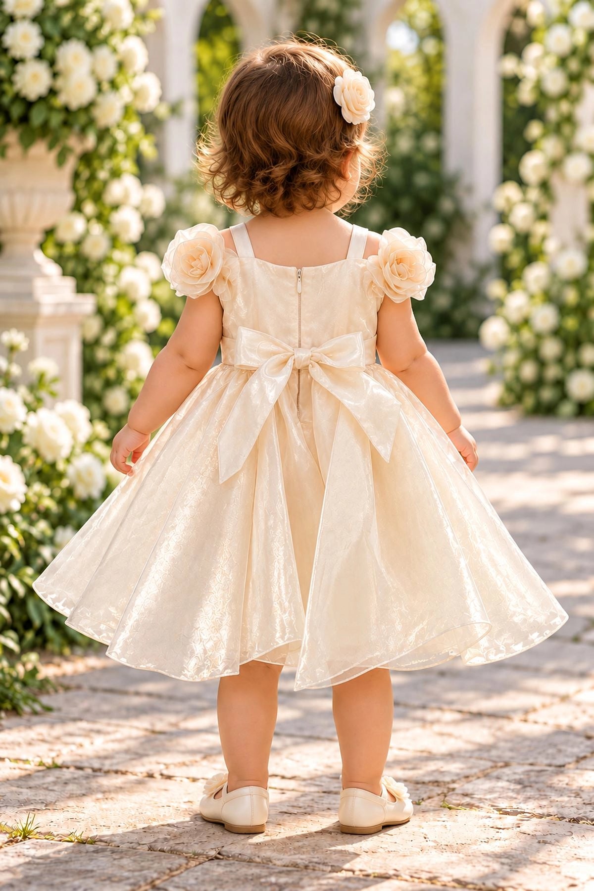 Tied at the back, the Champagne kids dress features a large bow.