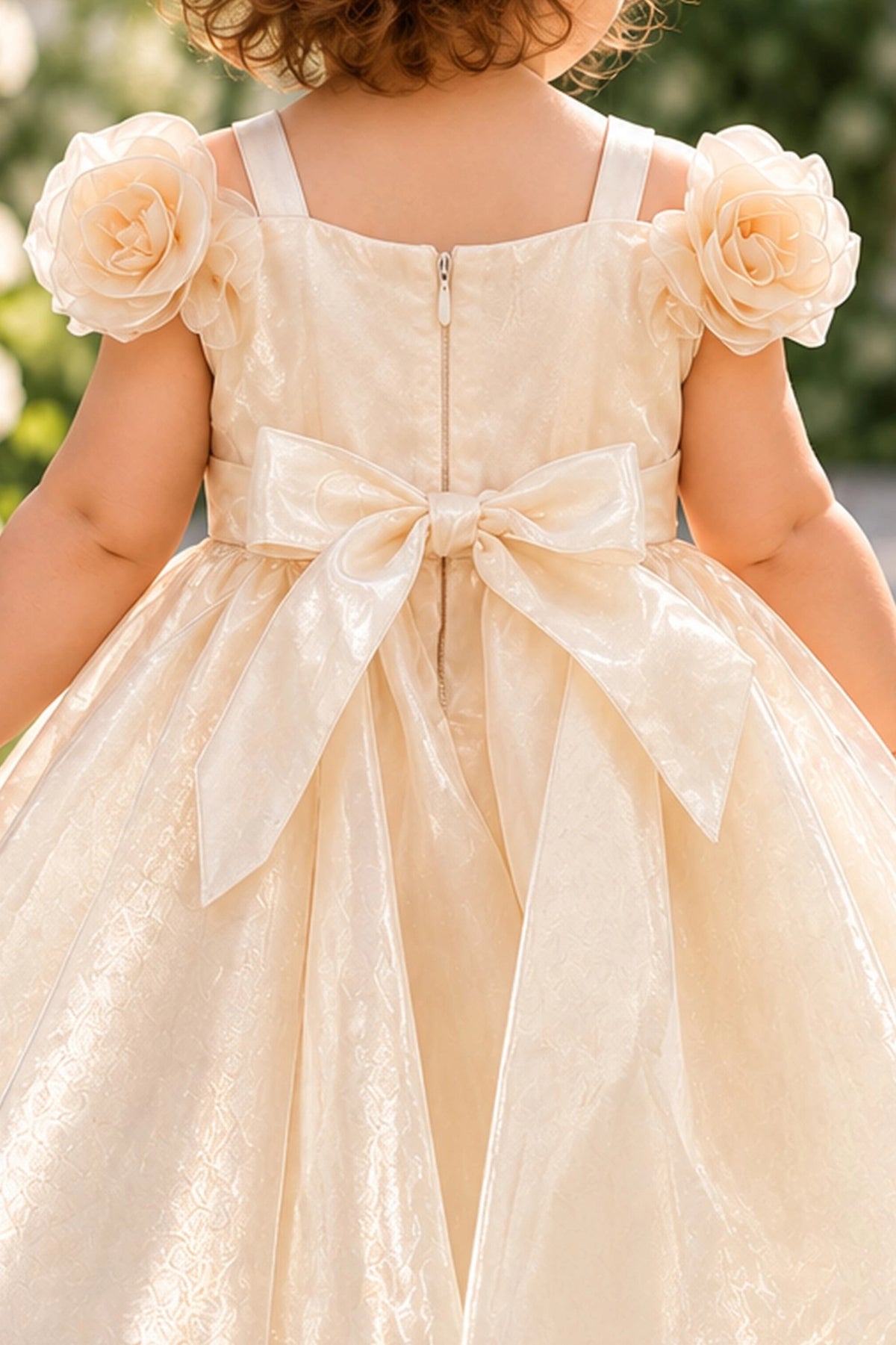 Detailed a sparkling narrow waistband complements the Champagne kids dress.