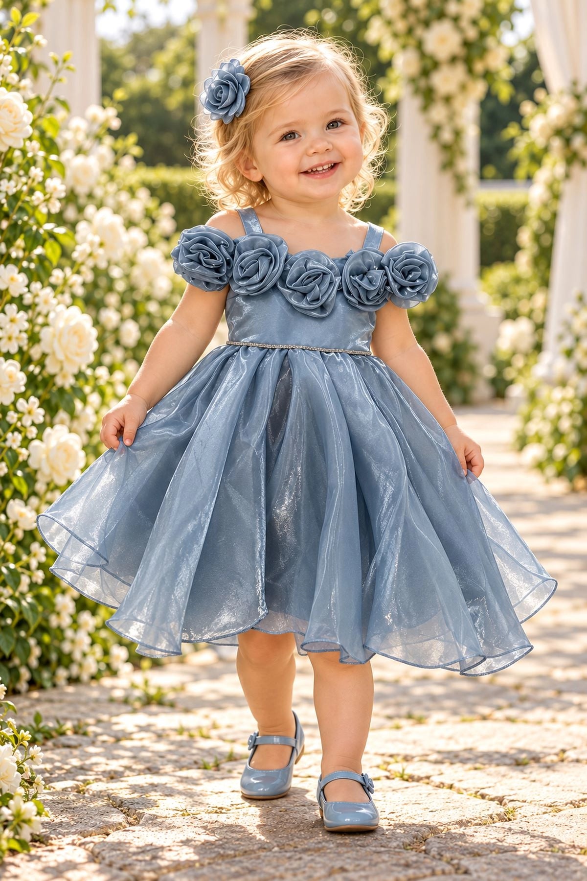 Showcasing rosettes framing the neckline, this Dusty Blue kids dress has a full skirt.