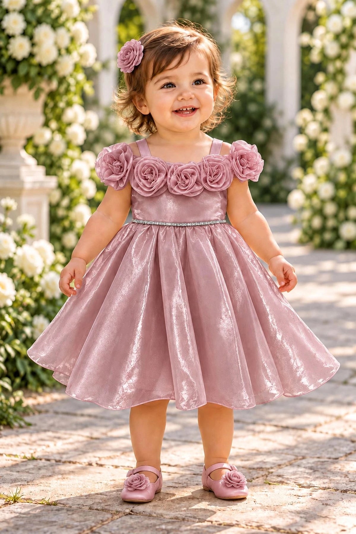 Showcasing rosettes framing the neckline, this Dusty Rose kids dress has a full skirt.