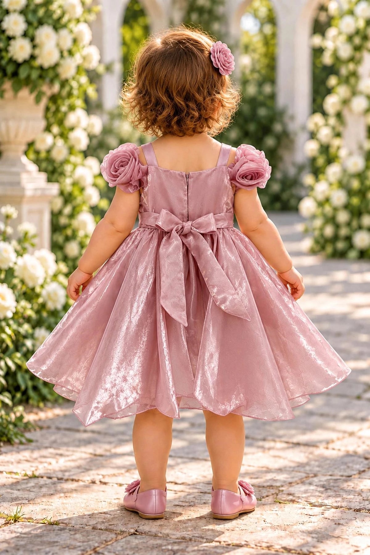 Tied at the back, the Dusty Rose kids dress features a large bow.