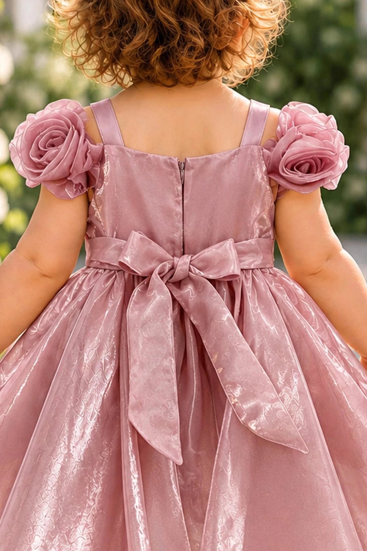 Detailed a sparkling narrow waistband complements the Dusty Rose kids dress.