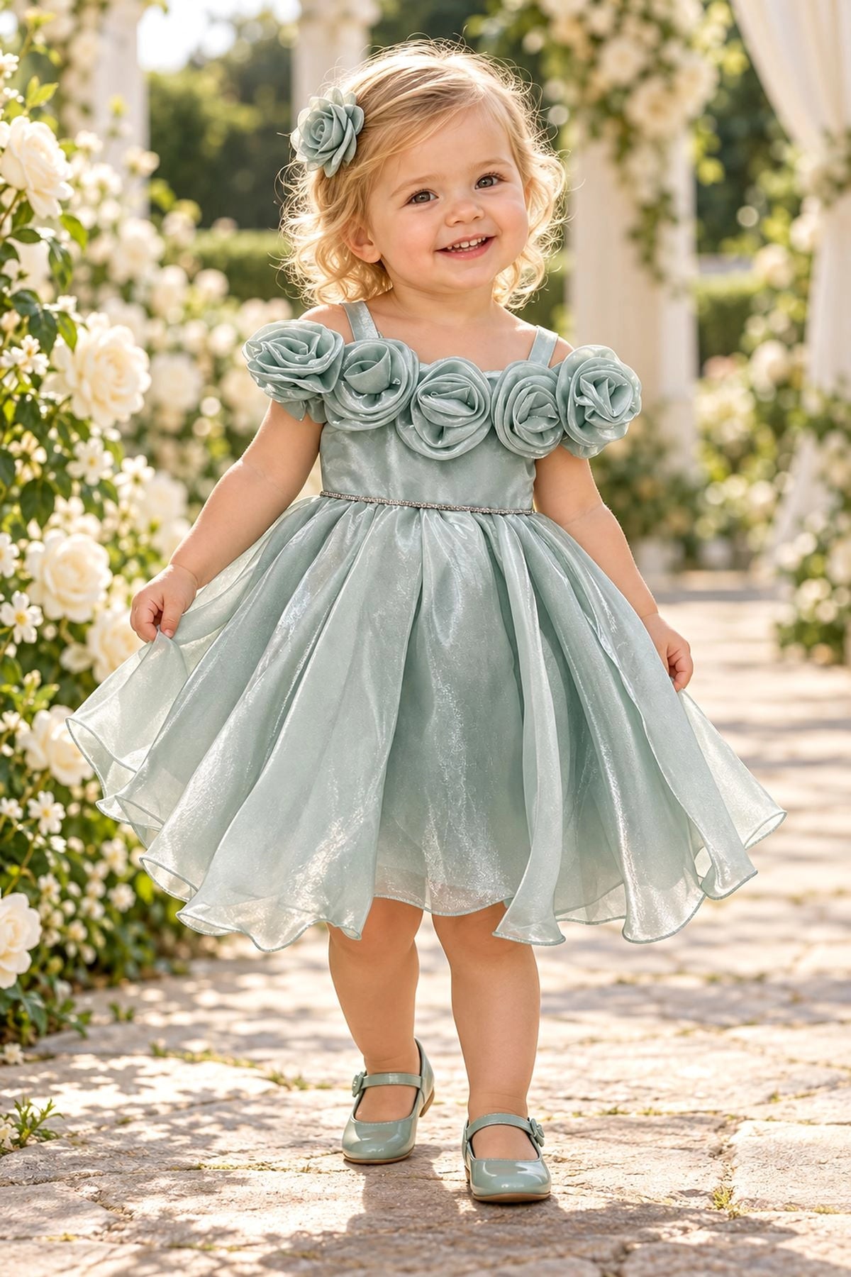Showcasing rosettes framing the neckline, this Sage kids dress has a full skirt.