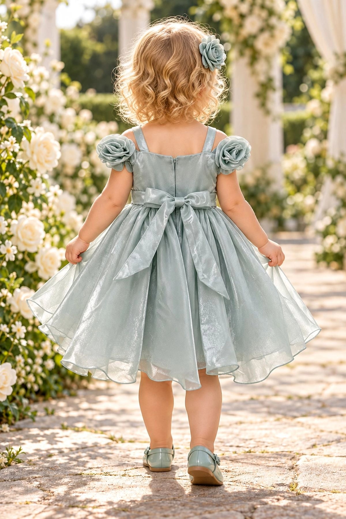 Tied at the back, the Sage kids dress features a large bow.