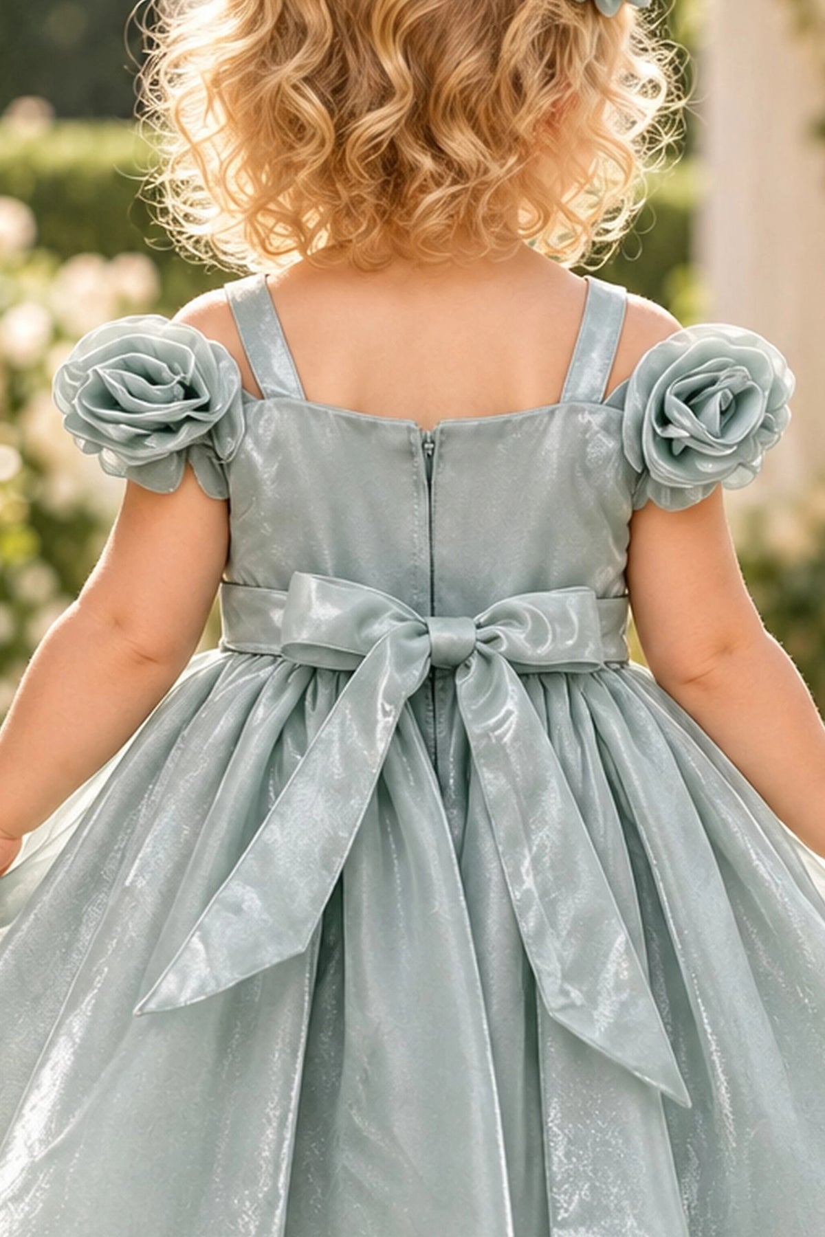 Detailed a sparkling narrow waistband complements the Sage kids dress.