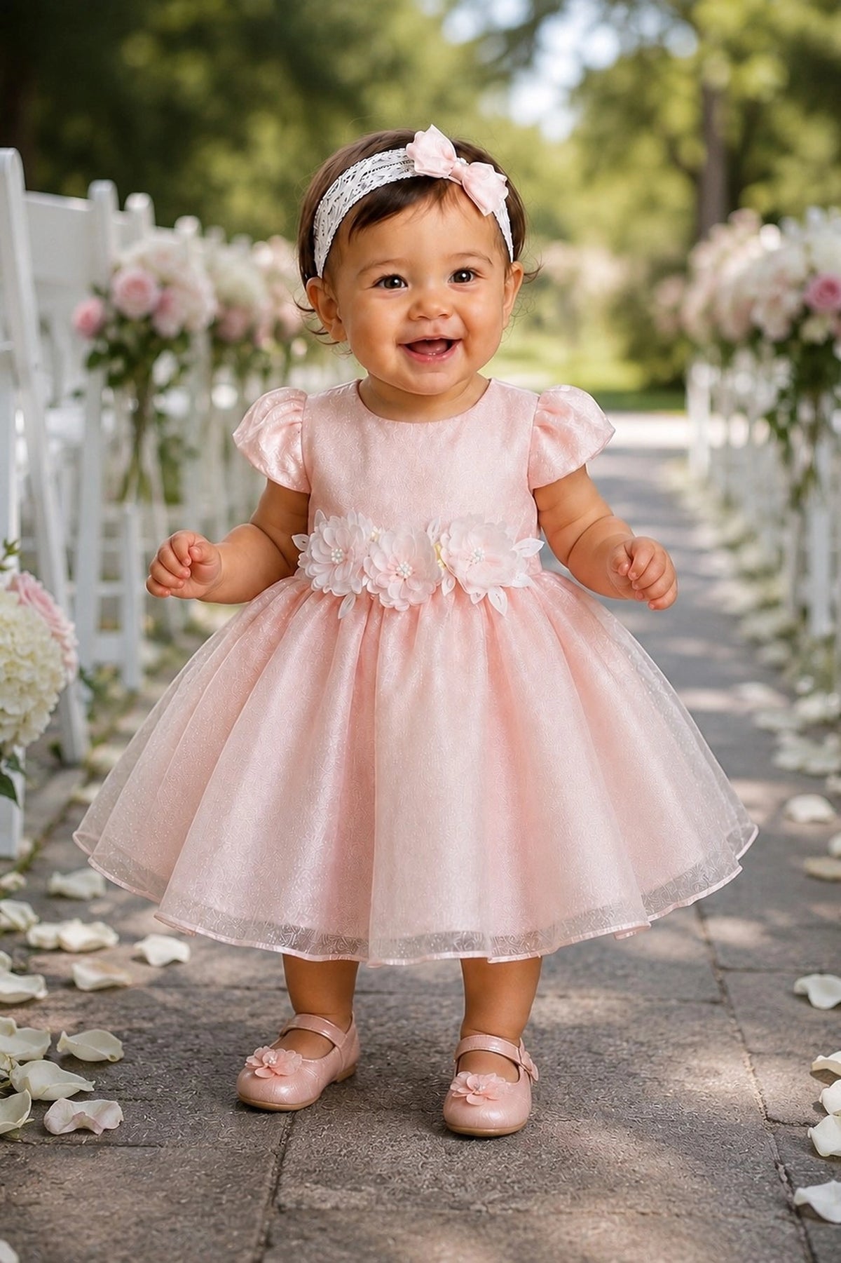 Showcasing dimensional flowers around the waist, this Blush kids dress has a full skirt.
