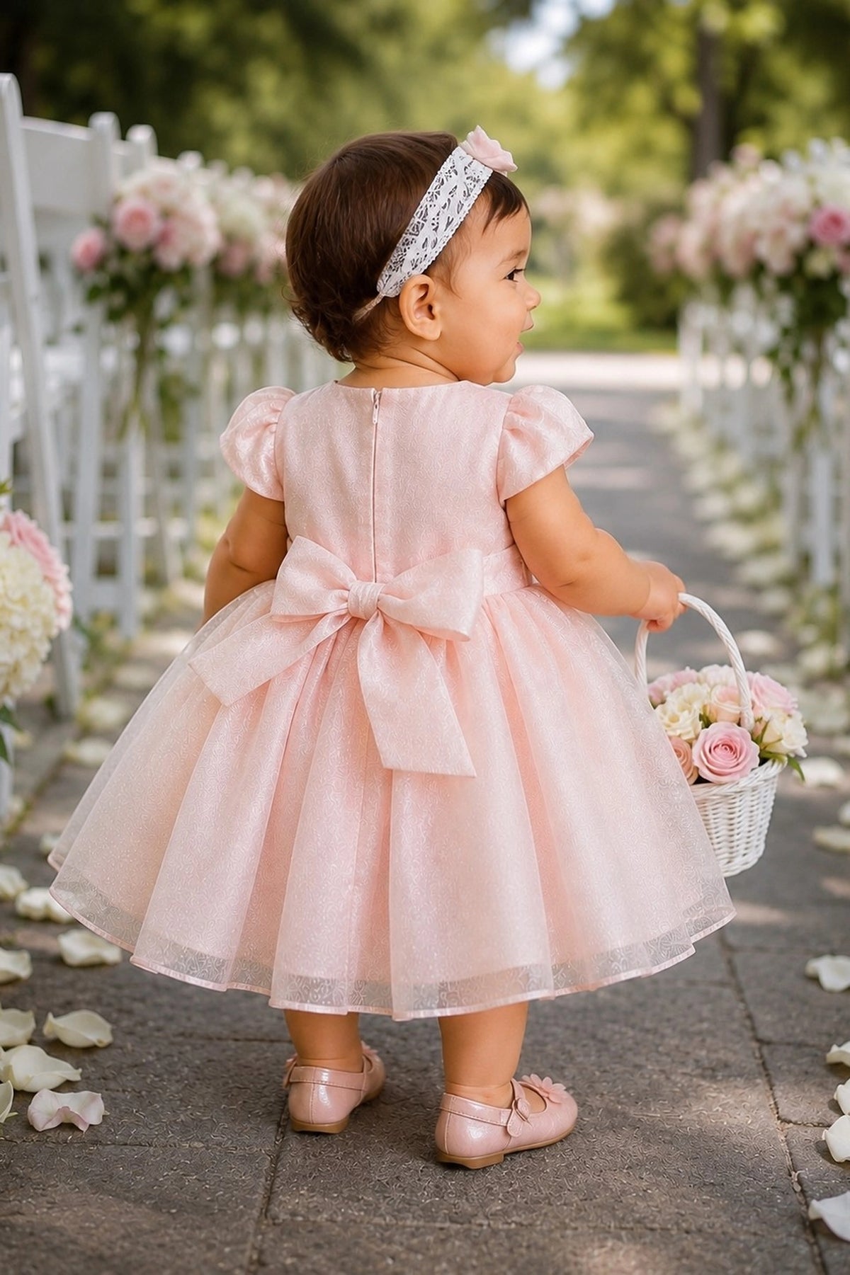 Tied at the back, the Blush kids dress features a large bow.