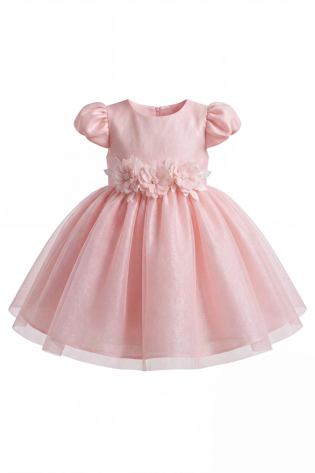 Layered shaping highlights dimensional flowers around the waist on the Blush kids dress.