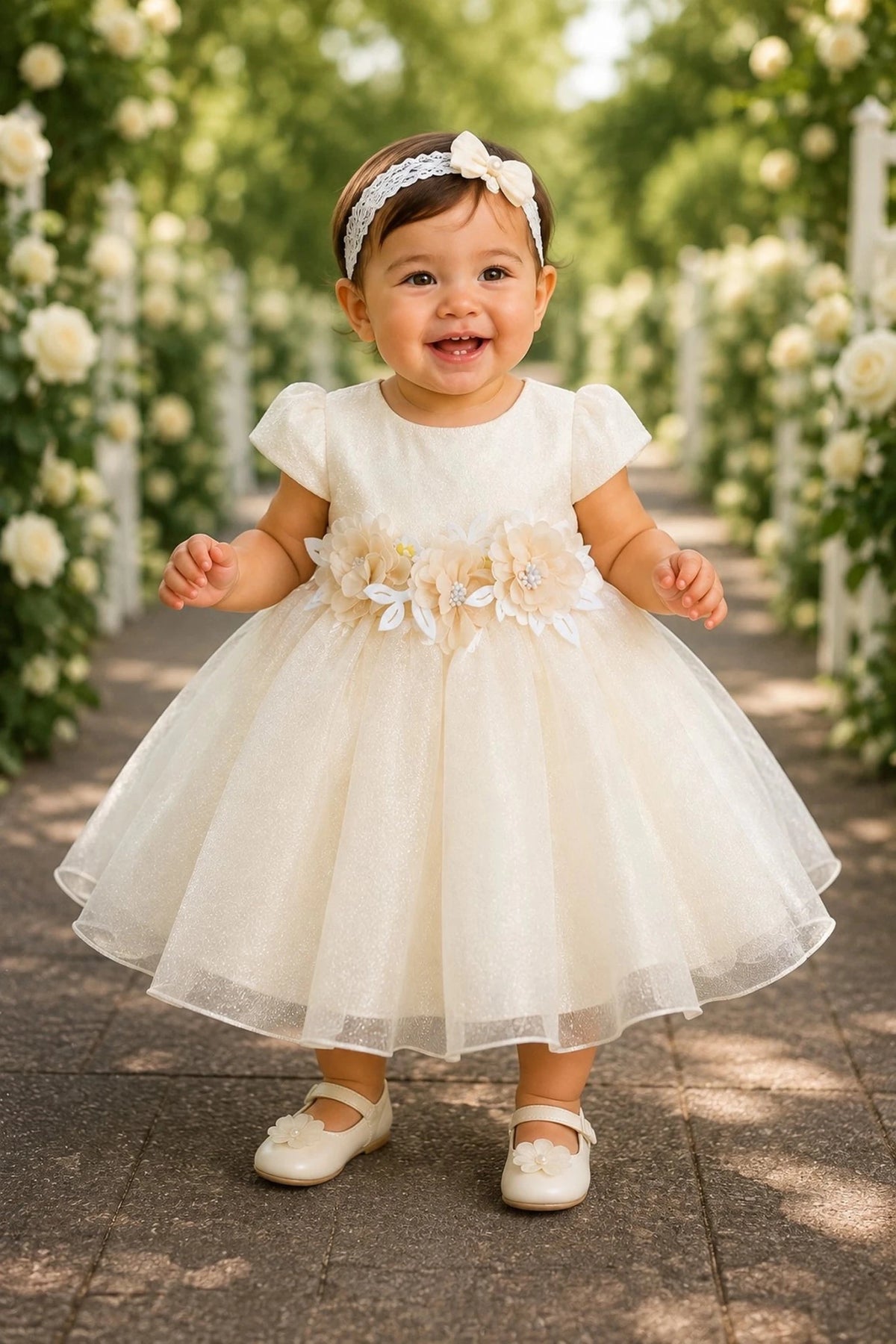 Showcasing dimensional flowers around the waist, this Ivory kids dress has a full skirt.