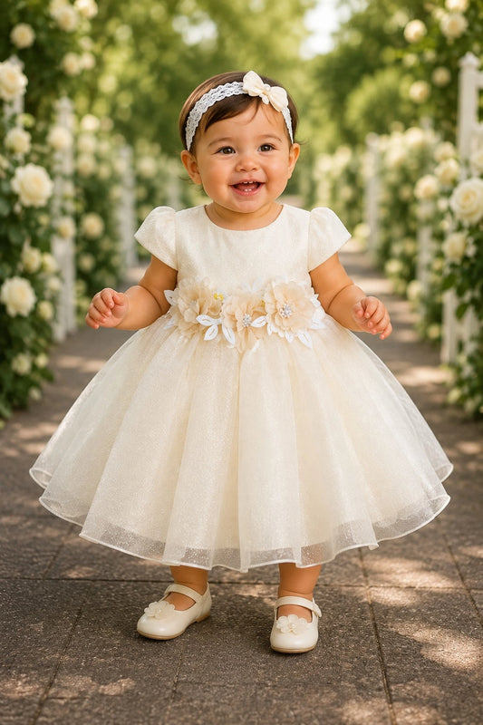 Showcasing dimensional flowers around the waist, this Ivory kids dress has a full skirt.