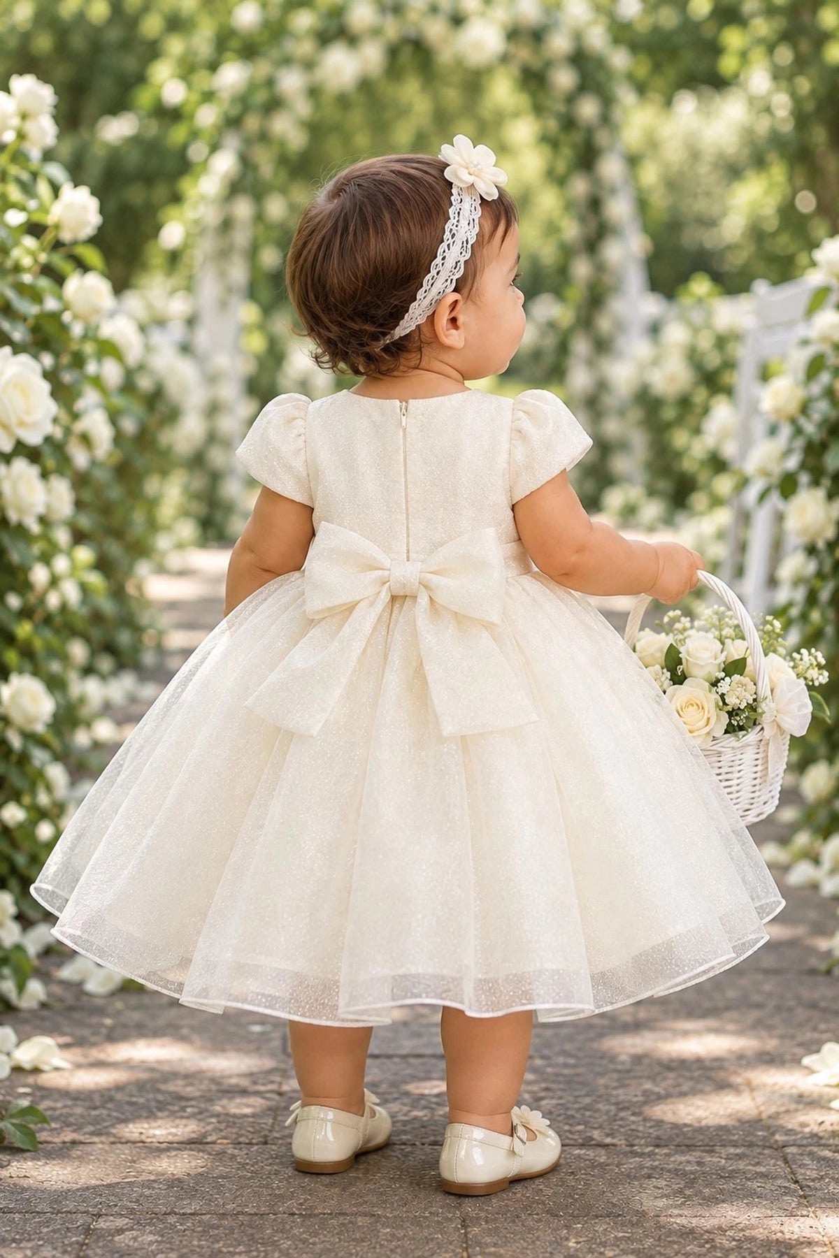Tied at the back, the Ivory kids dress features a large bow.