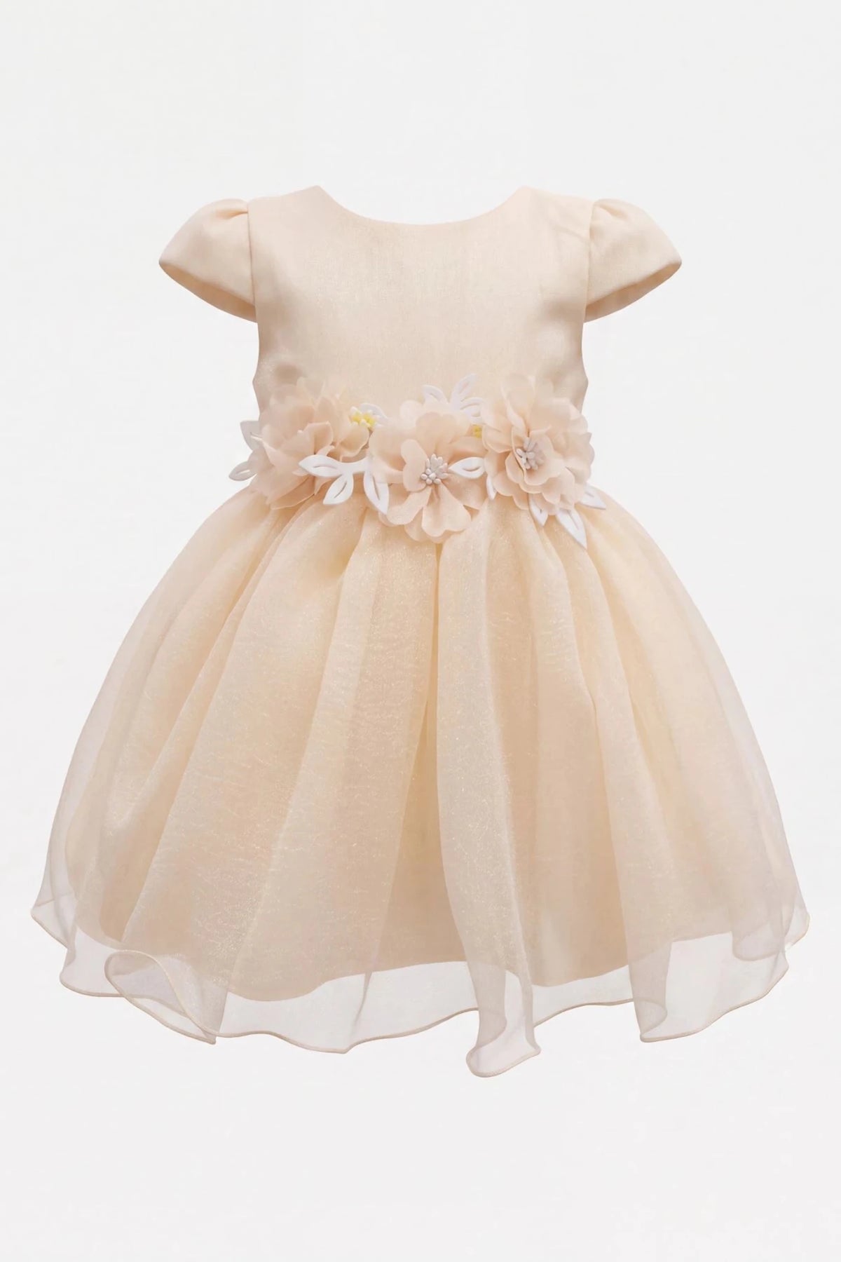 Layered shaping highlights dimensional flowers around the waist on the Ivory kids dress.