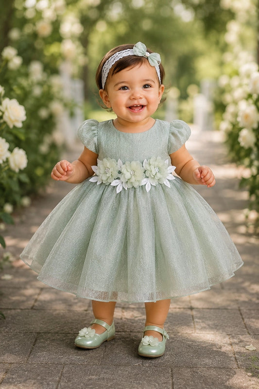 Showcasing dimensional flowers around the waist, this Sage kids dress has a full skirt.