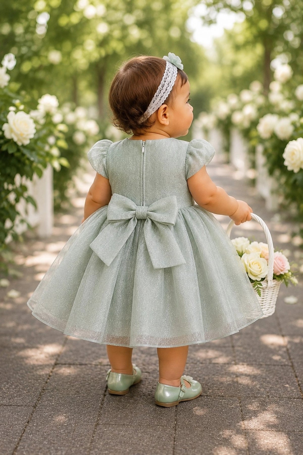 Tied at the back, the Sage kids dress features a large bow.