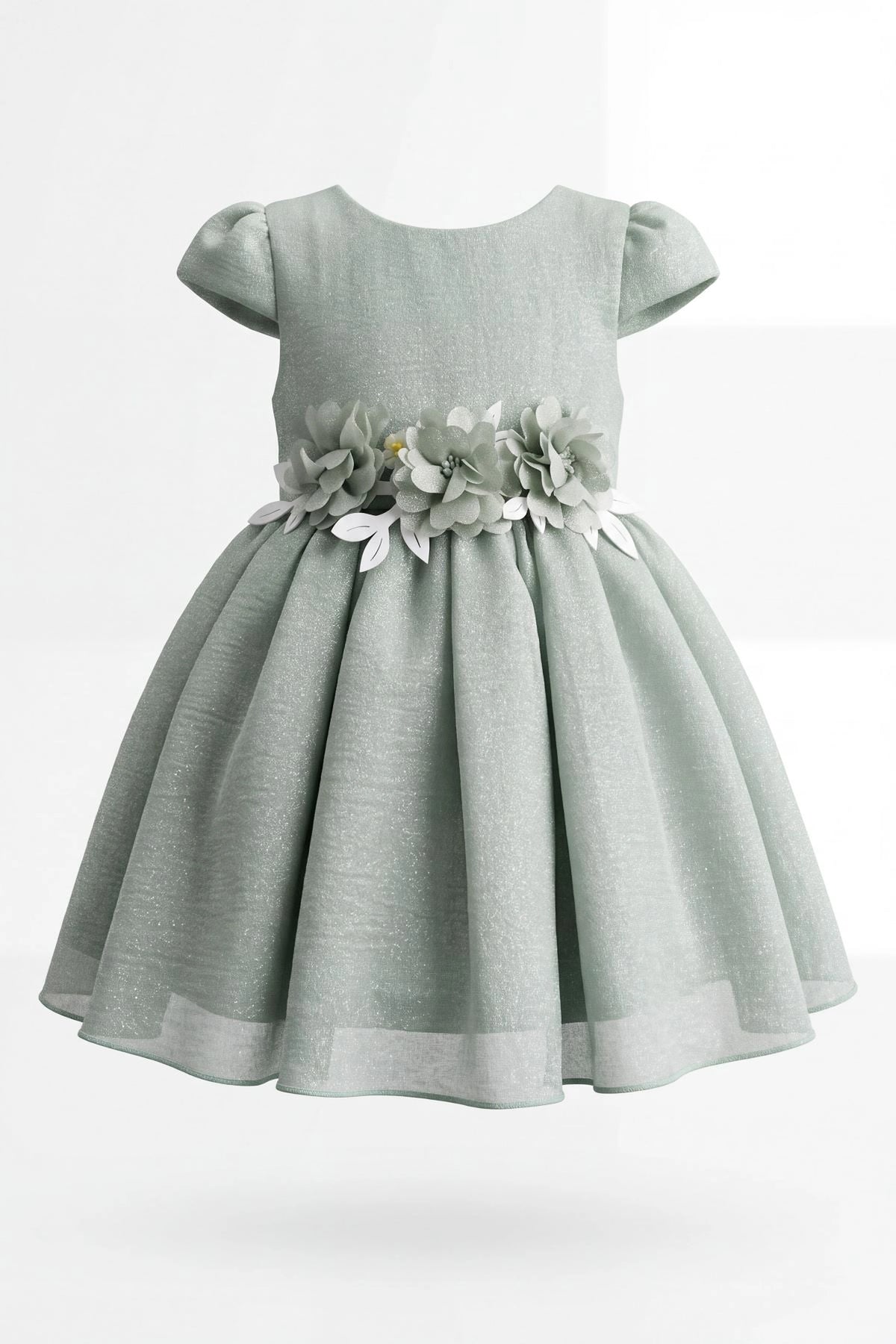 Layered shaping highlights dimensional flowers around the waist on the Sage kids dress.