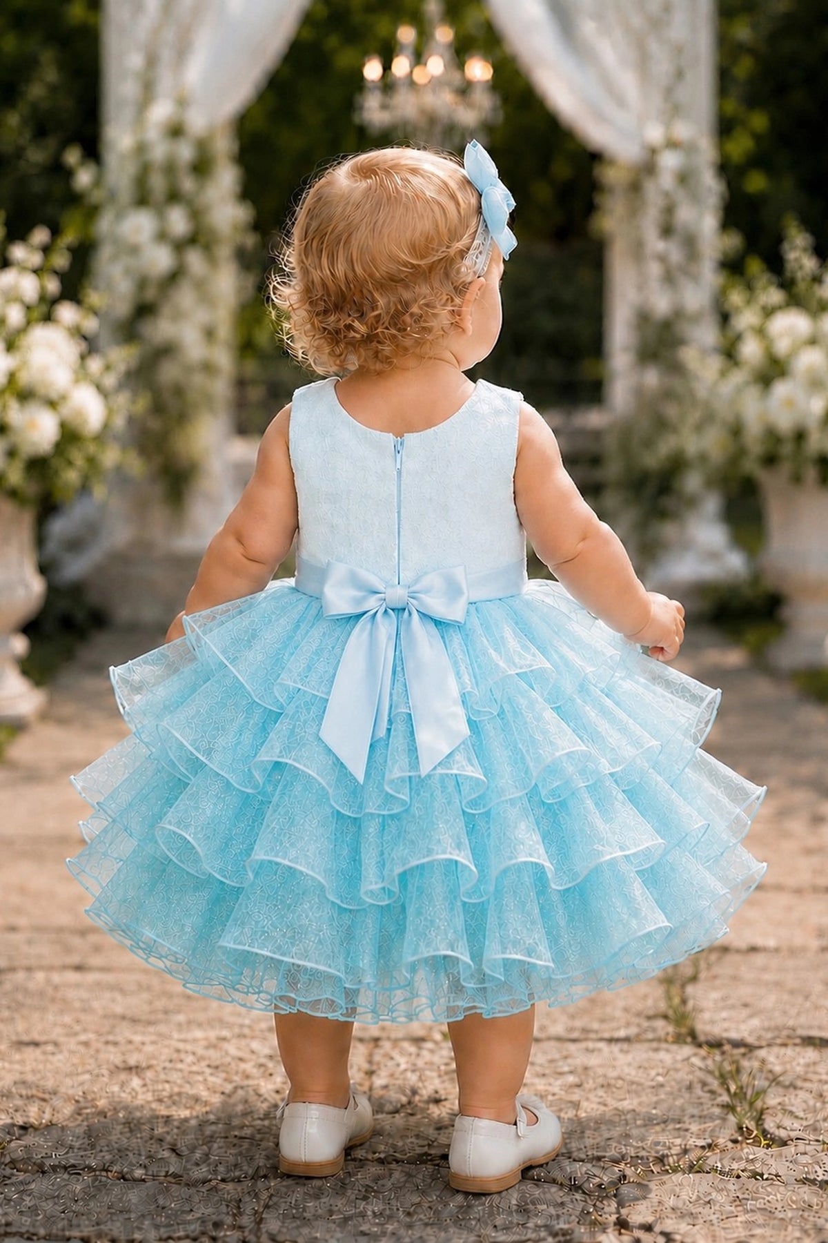 Tied at the back, the Blue kids dress features a large bow.