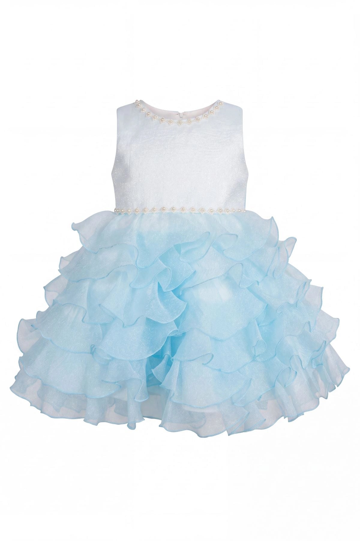 Layered shaping highlights cascading ruffled skirt layers on the Blue kids dress.
