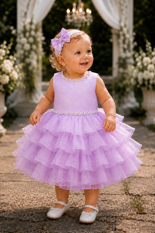 Showcasing cascading ruffled skirt layers, this Lilac kids dress has a full skirt.