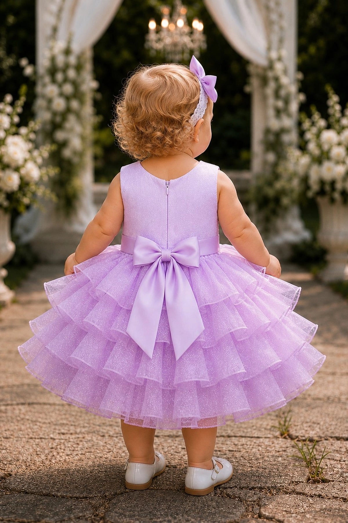 Tied at the back, the Lilac kids dress features a large bow.