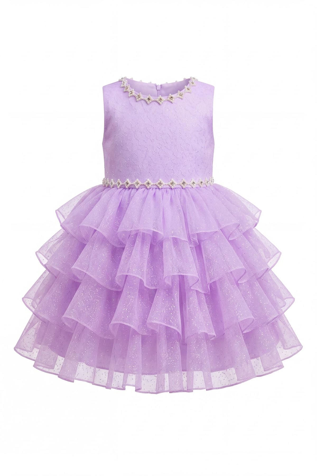 Layered shaping highlights cascading ruffled skirt layers on the Lilac kids dress.