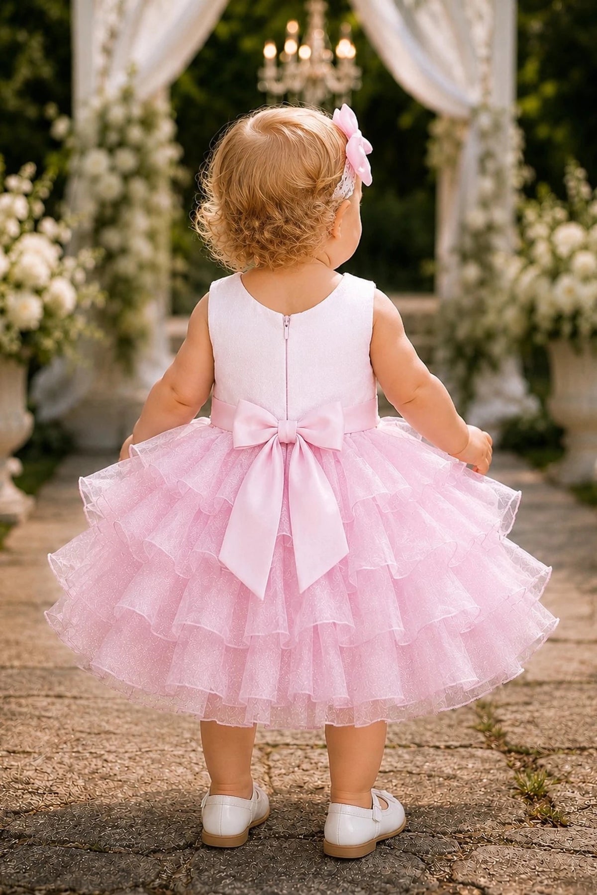Tied at the back, the Pink kids dress features a large bow.