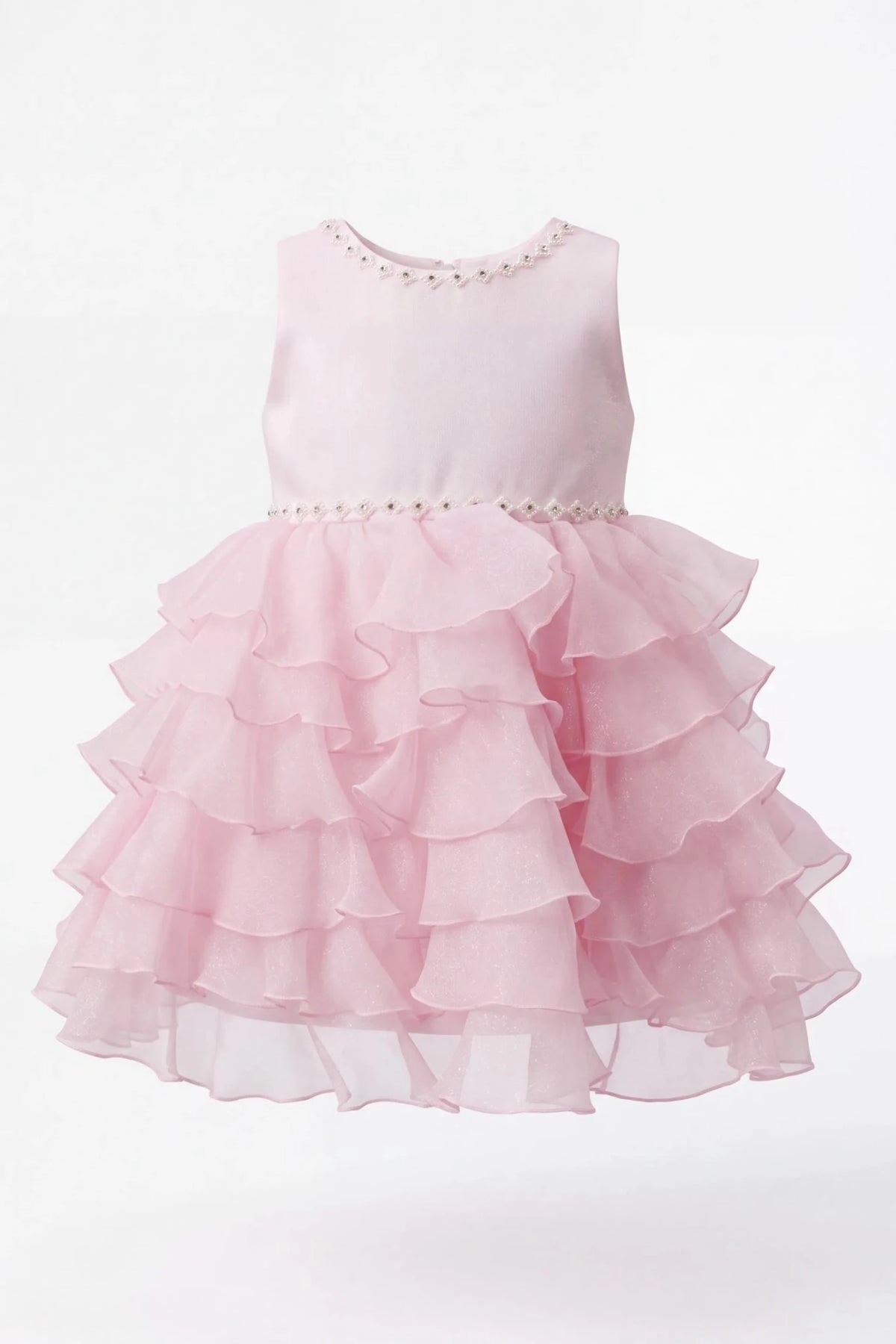 Layered shaping highlights cascading ruffled skirt layers on the Pink kids dress.