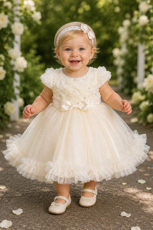 Showcasing rosette details across the bodice, this Champagne kids dress has a full skirt.