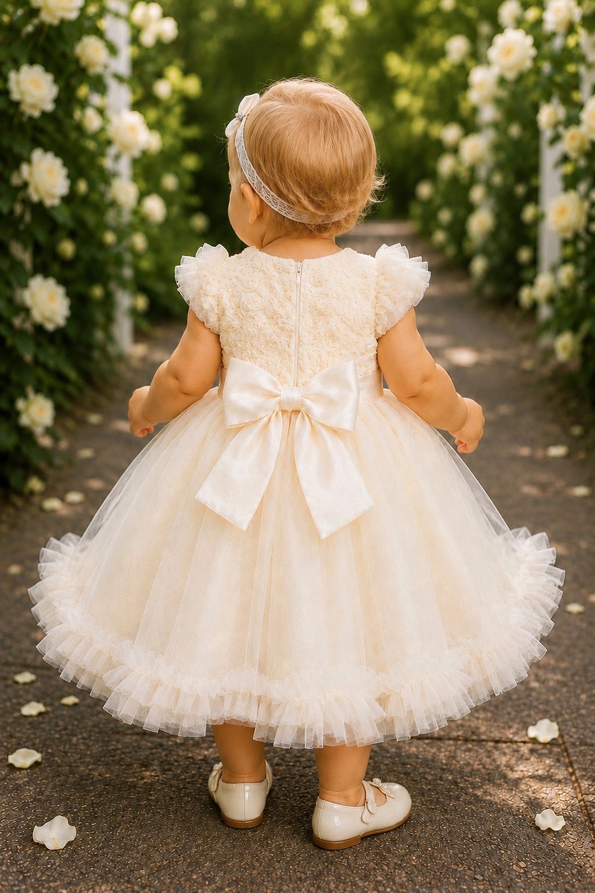 Tied at the back, the Champagne kids dress features a large bow.