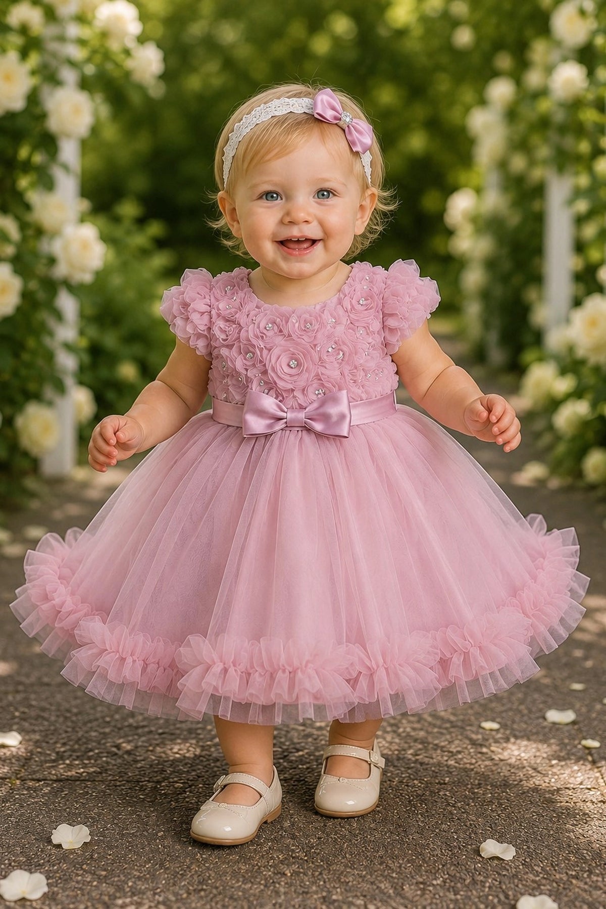 Showcasing rosette details across the bodice, this Dusty Rose kids dress has a full skirt.