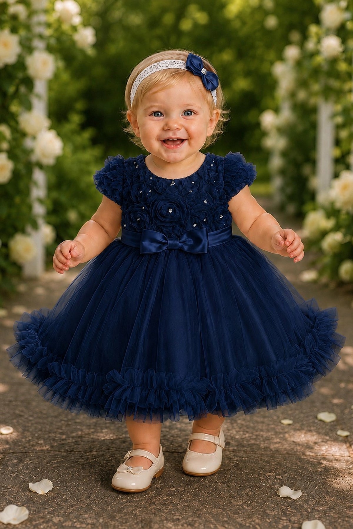 Showcasing rosette details across the bodice, this Navy kids dress has a full skirt.
