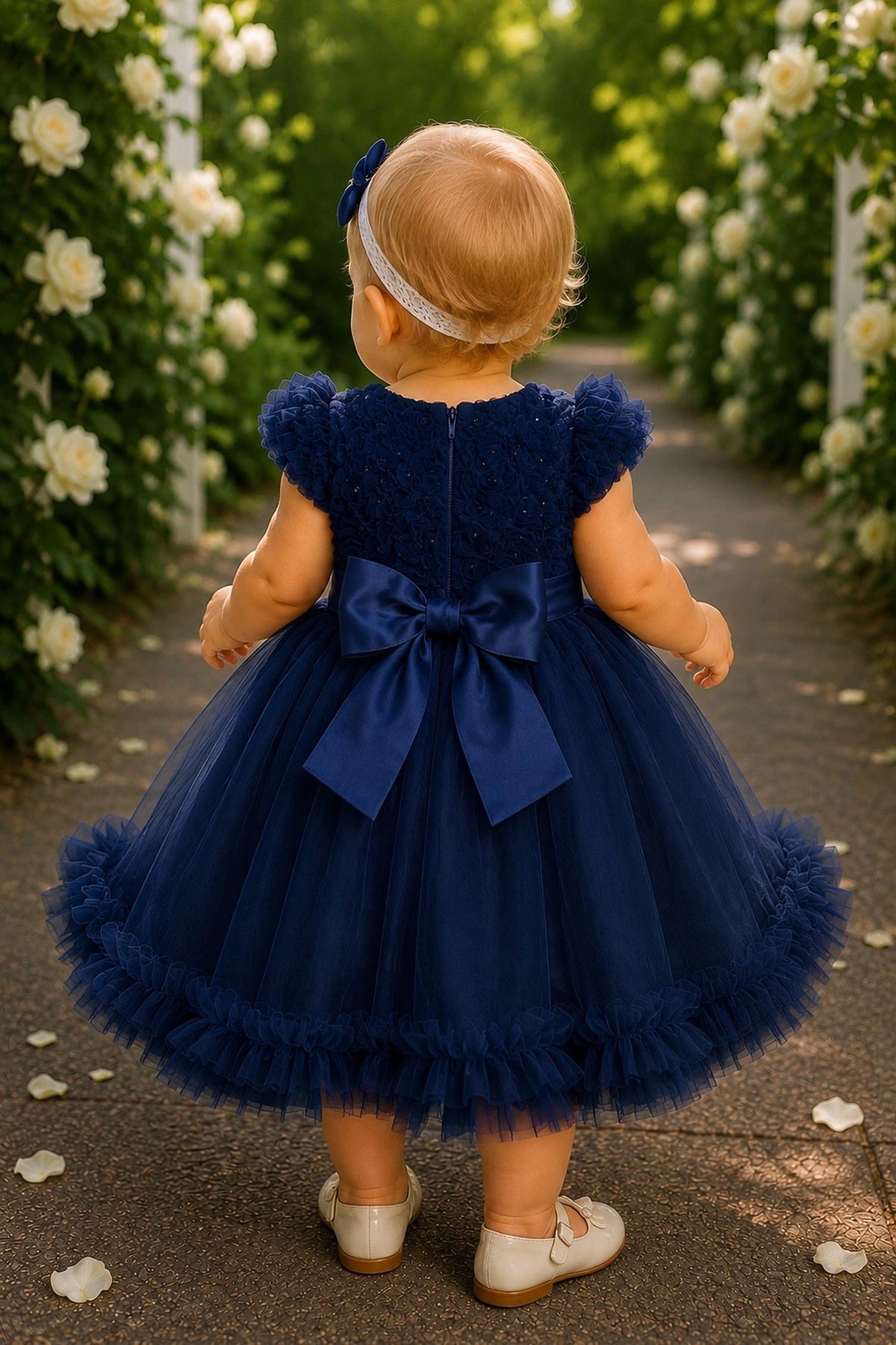 Tied at the back, the Navy kids dress features a large bow.