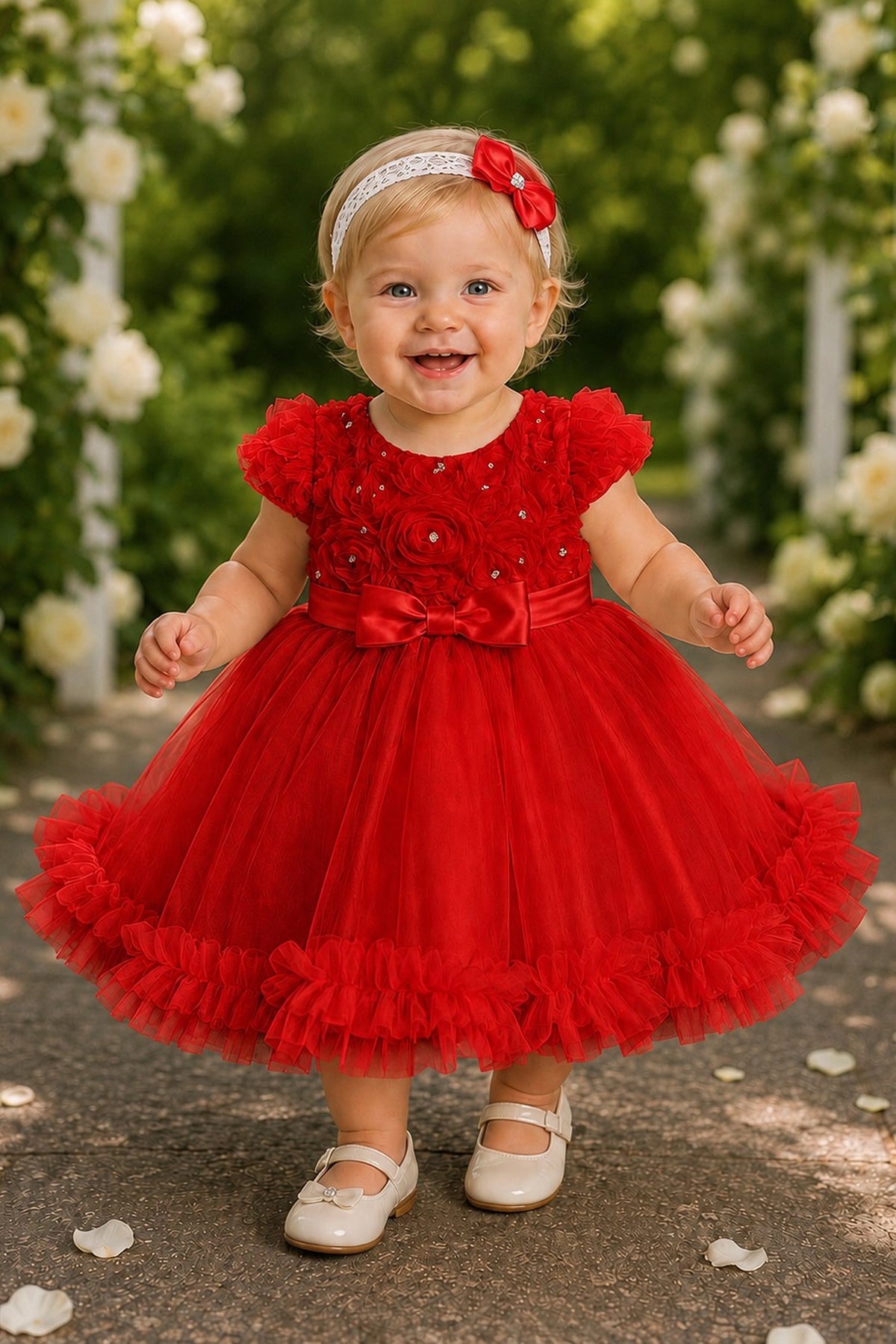 Showcasing rosette details across the bodice, this Red kids dress has a full skirt.